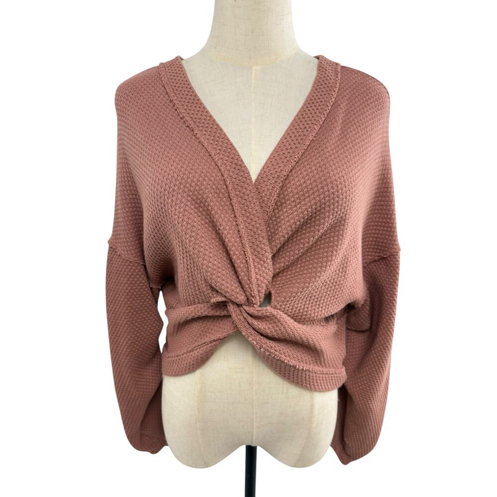We The Free (Free People) Mauve Textured Knit Crop, Twist Front Top, Size Medium